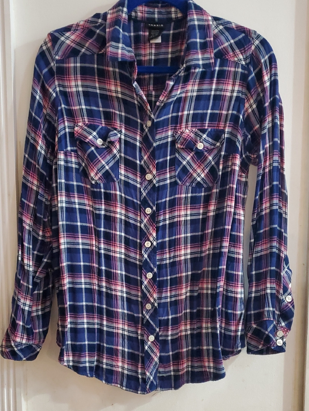 Torrid Plaid Top Button Up Size 0 Soft!!! Blue Pink